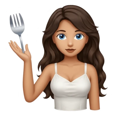 Girl with olive skin, blue eyes, brown dark insanely wavy long hair, white camisole, left hand palm up server style no spoon sticker