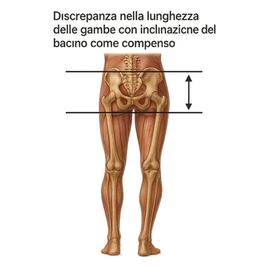 Medical style hyperrealistic posterior view highlighting the difference in leg length: one leg visibly shorter than the other, pelvis tilted for compensation. Add arrows, reference lines, and an anatomical caption in Italian to make the concept immediately understandable. Remove background. Variation 5. sticker