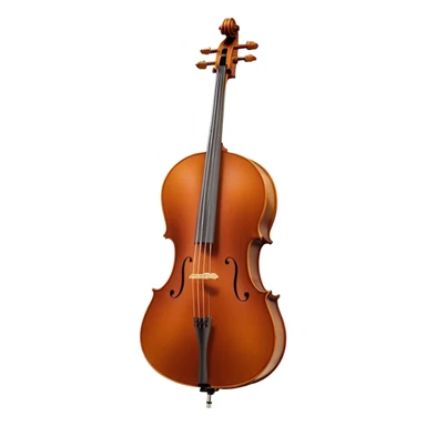 Create an elegant and refined emoji representing the Cremona 4/3F 4/4 cello with a Hans Klein HKCB bow. The design should feature the curved wooden body of the cello with a rich, glossy finish, capturing its classical shape and intricate details. The bow should be displayed with fine craftsmanship, highlighting the hair and the smooth, polished wooden stick. Include subtle musical notes floating around the instrument to emphasize its rich, melodic sound. Use deep wood tones like chestnut brown, gold accents for the fittings, and soft lighting effects to give the instrument a timeless, professional feel. The background should be transparent. sticker