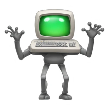 Anthropomorphic computer with arms and legs doing something random sticker