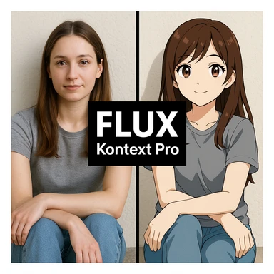 create before after image of a girl before is realsitic photo, after is anime version of her in same pose and clothes, add logo with text of a "FLUX Kontext Pro" in middle in big, black background sticker