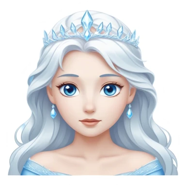 Cinematic Serene Snow Queen Portrait Emoji, rendered in a simplified vector style. Depict a gentle Elsa (chest and above) with delicate icy skin, softly cascading platinum hair, and calm, reflective blue eyes, dressed in her classic ice-blue gown. The image exudes a soft, luminous frosty radiance with high shine and a subtle glowing outline. sticker