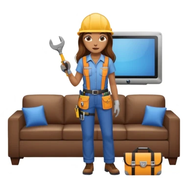 beautiful girl with long brown hair constructing new lounge room area with flat screen tv and couch sticker