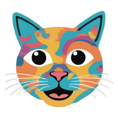 Abstract quirky funky cat made of different shapes and squiggles linocut multicoloured illustrations  sticker