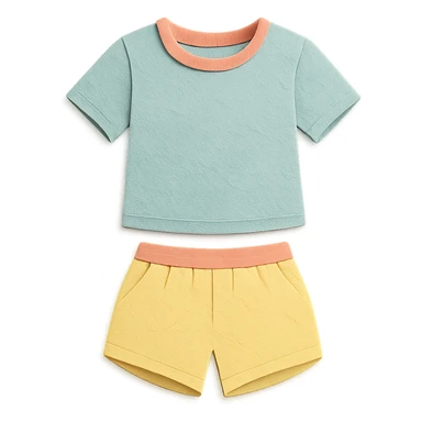 illustration of a women's short and tee shirt set in pastel colors in paper-craft style sticker