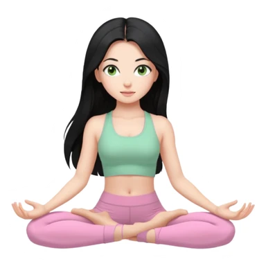 Girl with super long black hair with light green eyes doing yoga with light pink clothes sticker