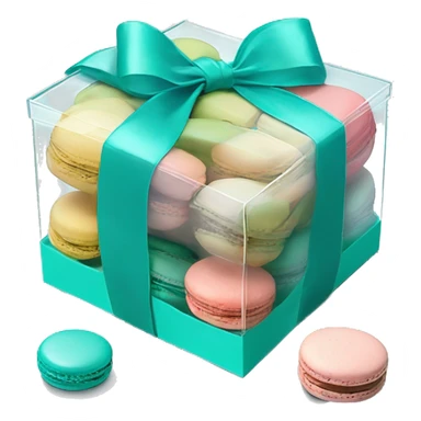 Realistic transparent plastic box with a tiffany blue ribbon and bow around the box and pastel macarons inside of it. sticker