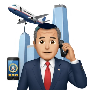 animated emoji of the world trade center with a plane crashed into it and george bush on a phone in front of it sticker
