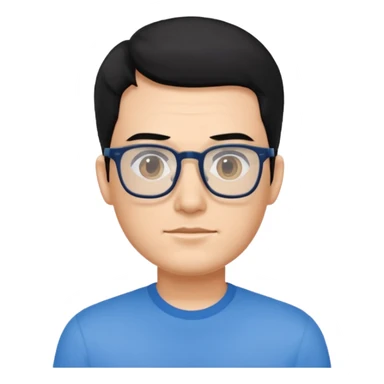 portrait of US man, wearing a blue shirt, square glasses, black hair sticker