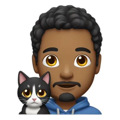 man with short beard hazel eyes and black hair wearing hoodie with cat on lap sticker