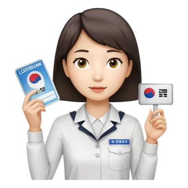 A Korean short-haired female tour guide is wearing a white shirt, holding her Korean tour guide license in her left hand, which is a horizontal card. sticker