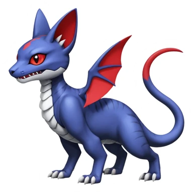 midnight blue-gray-black, with red markings, white belly, scaley Bastet-Noibat-Gatomon-Garchomp-Digimon-Fakémon-Pokémon-creature (full body) sticker