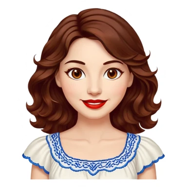 Artistic woman in her 40s with bright complexion, round face, big lively light brown eyes, wide friendly smile, vibrant red lips, voluminous wavy dark brown hair to shoulders, white summery dress with blue embroidery and electric blue neckline sticker