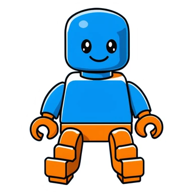 A cartoon blue Lego brick character with arms, legs and a friendly face sticker