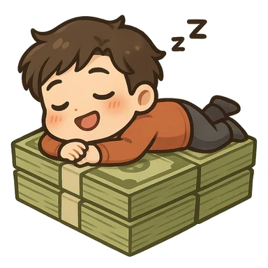happy person napping on mattress of money sticker