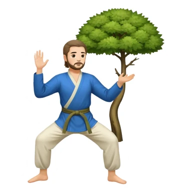 pratiquant de qi gong, homme aux cheveux long, en position de l'arbre, en tenue noire ou blanche. L'image ne contiendra pas d'arbre sticker