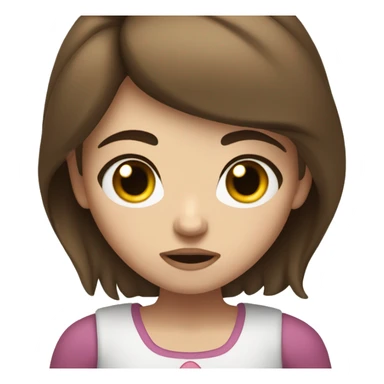 A girl with brown hair, white skin, rosy cheeks, and long eyelashes with an angry face sticker