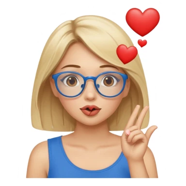 Blonde women with brown eyes, blue glasses, brown top, blowing a kiss with hearts around her. sticker