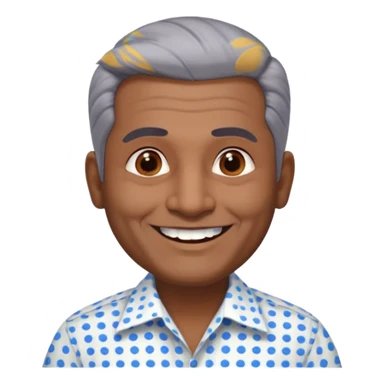 50 yr old indian man, dark skin, grey hair, big smile, white teeth, chubby, no moustache, clean shaven, young style hair, hair brushed back, 5 oclock shadow, bindy dot on forehead, dress shirt sticker