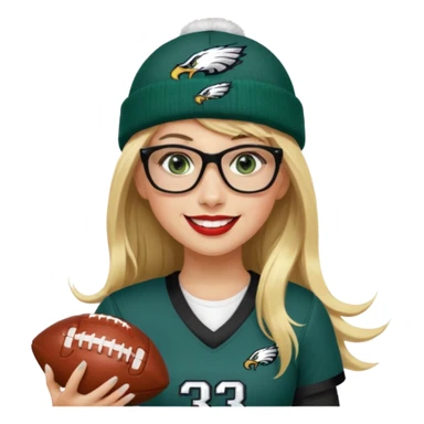 full length women wearing eagles uniform, long blonde hair, bangs, green eyes, black rectangle glasses, holding football, number 33, smiling, lipstick, eagles beanie sticker