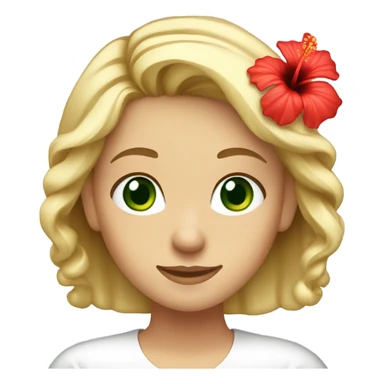 Blonde haired girl with green eyes one red hibiscus flower in her hair wearing a white top sticker