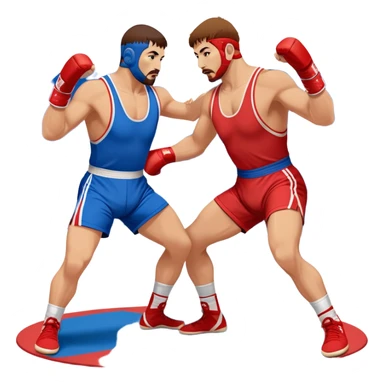 Two Sambo fighters in blue and red gis with shorts and wrestling shoes, executing gripping and throwing techniques. The fighters are engaged in a dynamic, action-packed moment with no strikes. The background features a wrestling mat, focusing on the technique and control. Transparent background  sticker