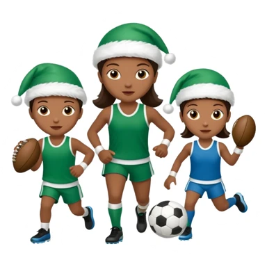 crie a imagem de 3 atletas de modalidades diferentes, usando elementos esportivos, como por exemplo bola, raquete, luvas de luta... e usando um chápeu de papai noel das cores verde e azul. sticker