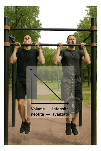 Due atleti fianco a fianco in un parco attrezzato: a sinistra il neofita che fa 10 trazioni leggere con concentrazione, a destra l’atleta avanzato con cintura zavorrata che fa 3 ripetizioni lente e pesanti. Tra loro, grafico sospeso in aria che mostra: 'Volume → neofita | Intensità → avanzato'. Stile realistico con elementi educativi visivi in italiano sticker