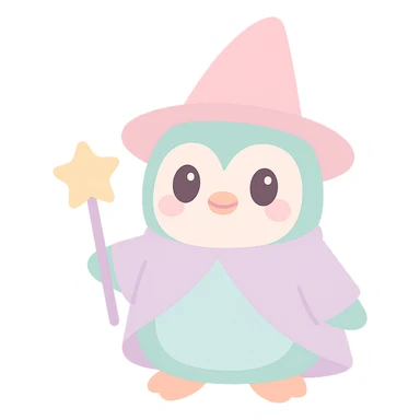 a penguin dressed as a wizard, with a pointy hat and a magic staff, cute and whimsical style sticker