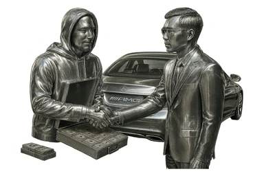 Edit the Indian man to wear a hoodie with a chrome hood, keep his goatee, add money on the side, and make the AMG car chrome. Keep the background transparent. sticker