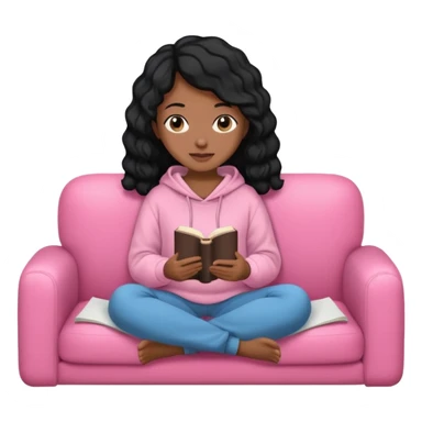 Una chica linda de cabello negro con ondas hasta los hombros de piel blanca con una sudadera rosa en un sofá cómodo y hermoso leyendo la biblia sticker