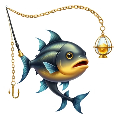 black magical fishing rod with gold chains and gold aura fishing a gold anglerfish sticker