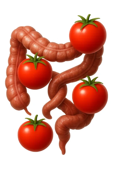 emoji stile iphone di pomodori che fluttuano in aria con colon attorcigliato intorno, iperrealistico 4k, isolato su sfondo bianco sticker