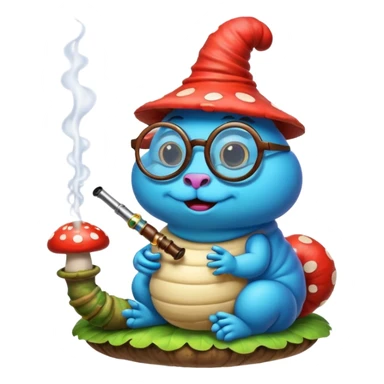 blue caterpillar with round glasses smoking a hooka pipe on top of a mushroom sticker