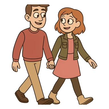 Sticker of Sasha and Yulia, two young lovers, in a flat toon style. They are walking together, holding hands, with a simple and clean design. sticker