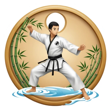 An icon symbolizing Eastern martial arts in the style of an emblem, featuring a black-and-white Yin-Yang symbol at the center. A martial artist is performing a fluid kick, surrounded by elements like a dojo and bamboo. Transparent background highlights balance and harmony. sticker