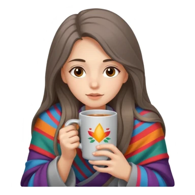 Brown-eyed, fair-skinned girl with long hair down to her shoulders, wrapped in a gray blanket, drinking from a New Year's mug sticker