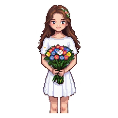 girl with brown hair wearing a white skirt holding a bouquet of flowers sticker