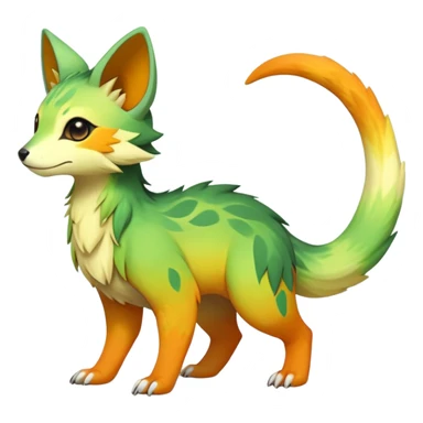 Rare realistic exotic warm-green warm-orange warm-yellows pastel gradients cute epic pretty beautiful handsome gorgeous aesthetic colorful vibrant Vernid-Trico-species-Fakemon-creature by LiLaiRa, 4 legs, 1 tail, random markings, (full body) sticker