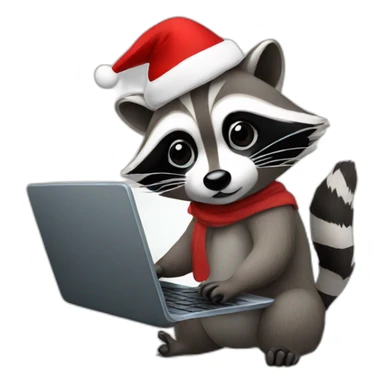 Raccoon working on a laptop with christmas hat sticker