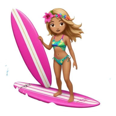 cute female surfer riding waves, hibiscus flower in hair, tropical swimsuit, colorful surfboard with Hawaiian patterns, water splash, 3D cartoon, mobile game icon style, clean background, no text sticker