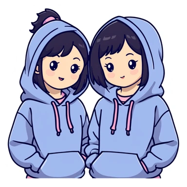 Two adorable Japanese girls with black hair wearing casual Western clothing like hoodies or blouses, their cheeks touching, kawaii style sticker