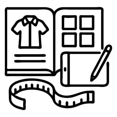 Minimalist vector icon representing fashion design management: an overhead view of a stylized open tech pack document showing a garment sketch, alongside a color swatch grid, a digital tablet with a pen, and a measuring tape curved into the shape of a semicircle. Use clean lines, soft neutral tones with one pop of color (like coral or teal), and geometric shapes. The icon should convey precision, creativity, and fashion process in a modern, professional style. Designed to be easily recognizable at small sizes. Yellow & black theme sticker