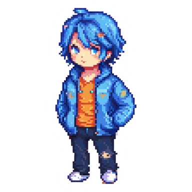 Jin character with a blue jacket, pixel art style sticker