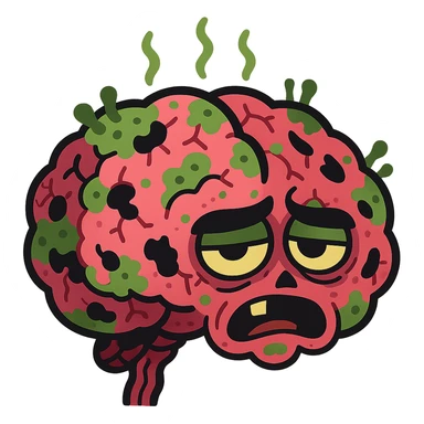 cartoon brain that is visibly rotten, with mold, decay, and holes, expressive and surreal sticker