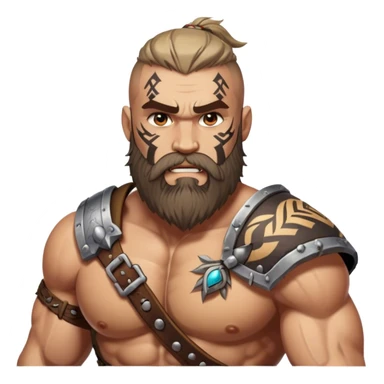 Clash of Clans aesthetic: Cinematic Rugged Barbarian Portrait Emoji, Intense and formidable with a heavily muscled physique, a rugged beard, piercing eyes and battle-worn armor adorned with tribal markings, his complexion a light tan that speaks of hard-fought battles, Simplified yet powerfully detailed features, highly detailed, glowing with a deep, primal energy, high shine, gritty and uncompromising, stylized with an air of raw, untamed power, focused and determined, soft glowing outline, capturing the essence of a barbarian warrior carved by countless battles and poised to lead his clan into epic conflict! sticker