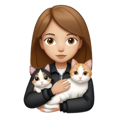 Light-skinned girl with brown straight hair wearing a black jacket, holding one completely white cat and one calico cat sticker