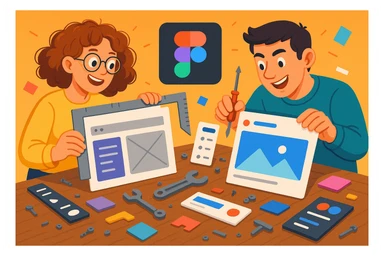 A creative workshop scene with two designers: one with curly hair, one with short dark hair. They are playfully focused, surrounded by scattered UI parts, Figma interface pieces, and repair tools, working together to turn legacy UI into a clean, beautiful design. sticker