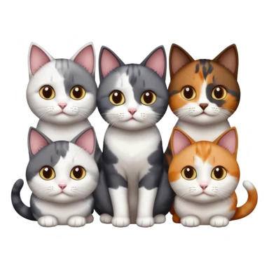 4 different coloured short haired cats including; a dark brown and white cat, and a dark grey and white, and a calico sticker