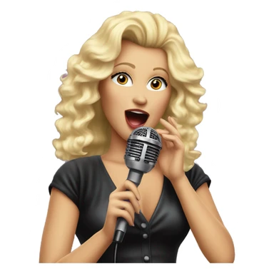 Singer female with blond hair big volume 80's style, singing on the stage with microphone.  Retro rock 80-90's sticker